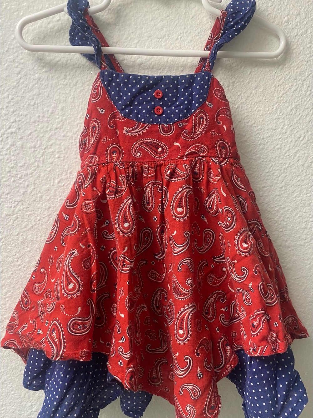 Red Paisley Sundress with Navy Polka Dot Trim